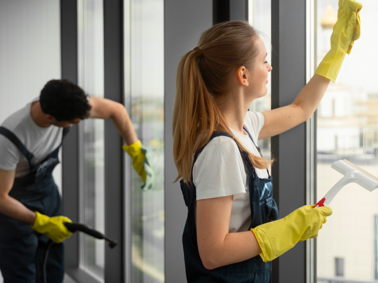 Drei Personen reinigen Büromöbel mit Sprayflaschen und Dampfreinigern.